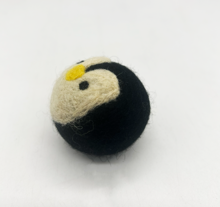 Handmade Penguin Felt Rattle Ball | Natural Wool Cat Toy
